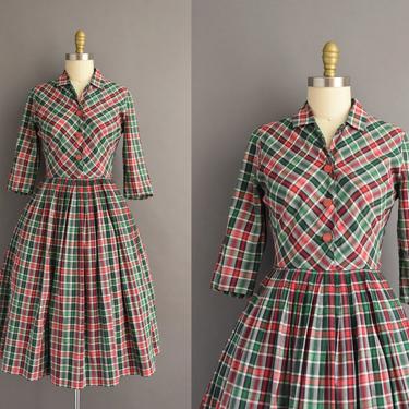 1950s vintage dress | Adorable Cotton Green &amp; Red Plaid Print Full Skirt Shirt Dress | Small | 50s dress 