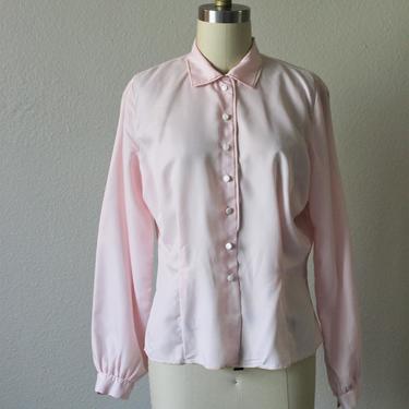 Vintage 50s 60s pink Judy Bond dacron long sleeve fitted Pinup Rockabilly Blouse Shirt  // Modern Size US 6 8 small medium 