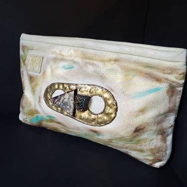 Vintage cream leather  purse 1980's inspired redesigned and handpainted by Amanda Alarcon-Hunter for Minx and Onyx 
