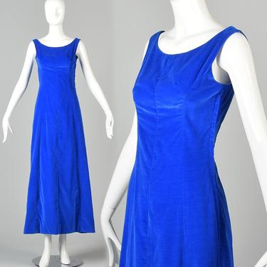 XS 1960s Blue Velvet Maxi Dress Simple Elegant Maxi Dress Sleeveless Cocktail Party Evening Hostess Vintage 60s Vintage 