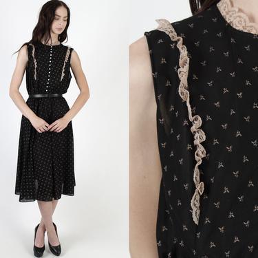 Butterfly Print Calico Dress / Sheer Black Floral Lace Trim / Old Fashion Prairie Midi Mini Dress 