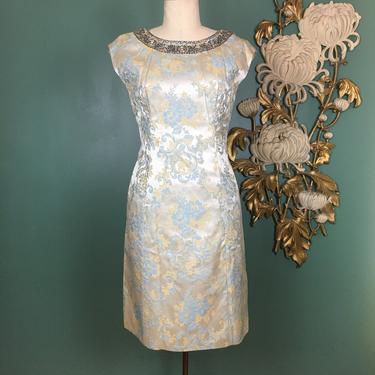 1960s brocade dress, vintage sheath, beaded dress, cocktail dress, size medium, classic 60s, Audrey Hepburn, formal, evening, mrs maisel, 30 