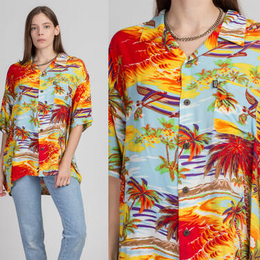 90s Hawaiian Rayon Aloha Shirt - Men's Large | Vintage Palm Tree Print Short Sleeve Button Up Tourist Top 