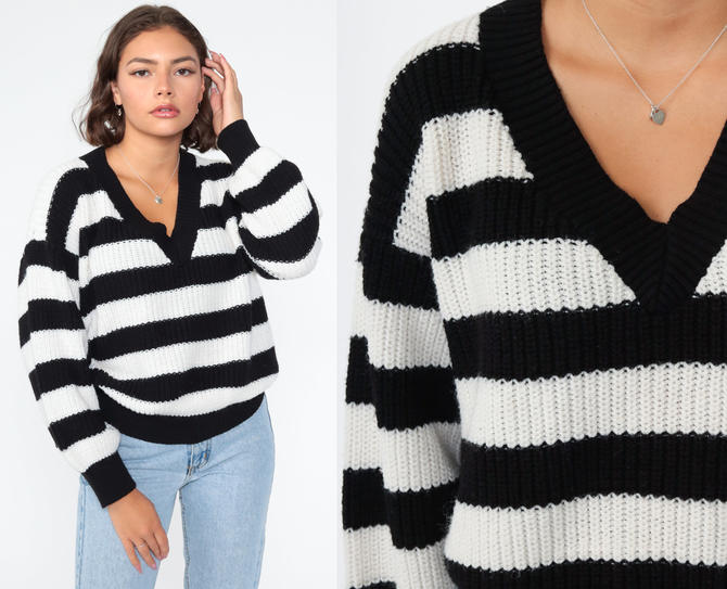 V Neck Sweater Black White STRIPED Sweater 80s Knit Pullover