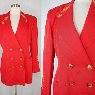 Vintage Eighties Solini Red Oversized Double Breasted Military Inspired Blazer - 80s 6 Small/Medium Blazer with Gold Stars 