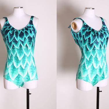 1960s Green Turquoise and White Novelty Leaf Print One Piece Swimsuit by Deweese -S-M 