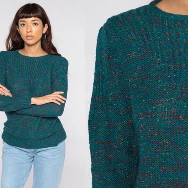 80s Puff Sleeve Sweater Green Flecked Sweater Knit Pullover Sweater Textured 1980s Sweater Vintage Medium 