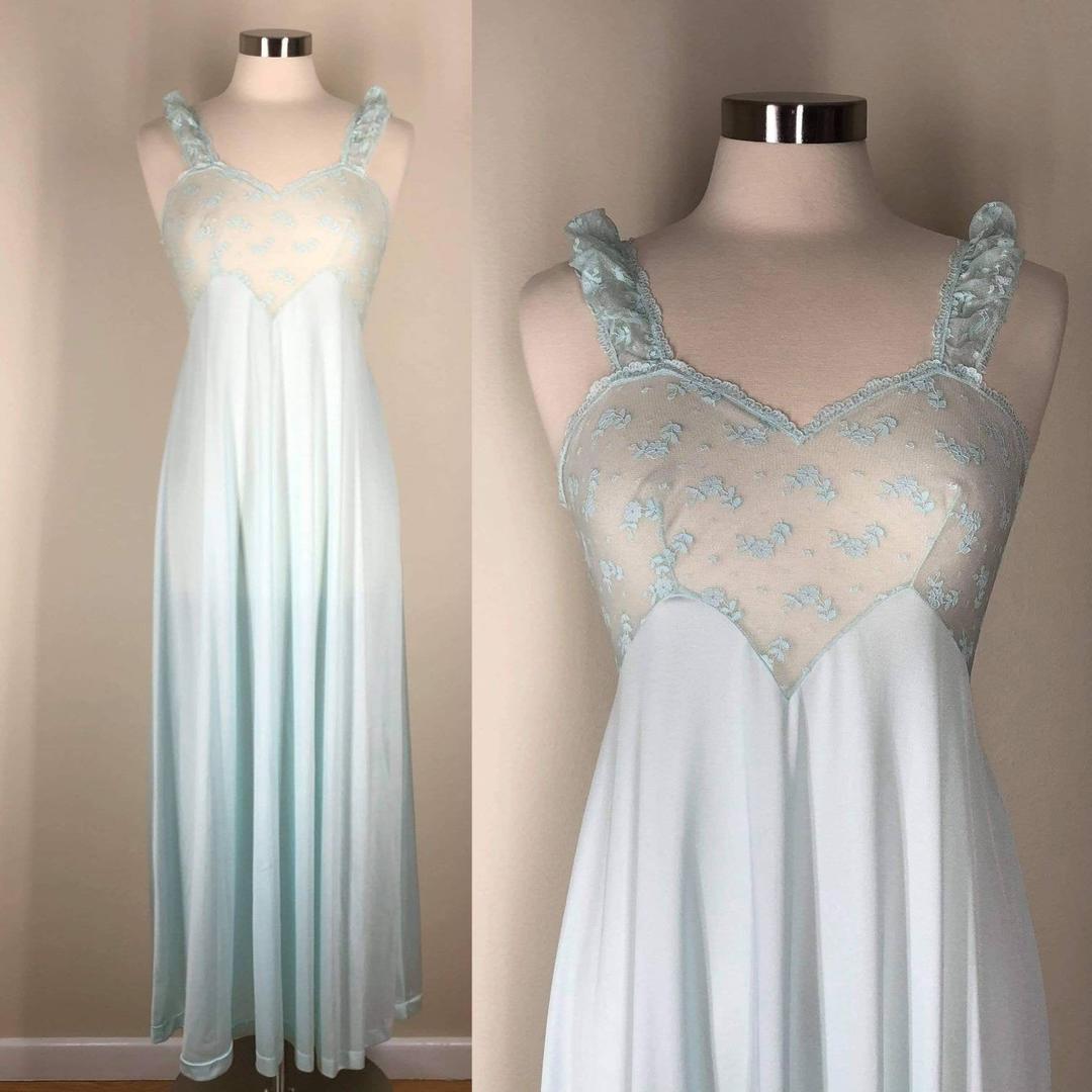 Vintage Ice Blue Nightgown, Small / Empire Waist Nightgown / Sheer Lace ...