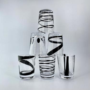 6 1980s Art Glass Whiskey Glasses Heavy Spirals Stripes Polka Dots Vintage Late Mid-Century Post-Modern 