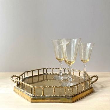 vintage brass octogonal serving tray - faux bamboo detail 