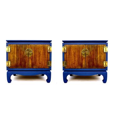 LANE Mid-Century Nightstands -A Pair || Chinoiserie Two-Tone Blue & Wood Bedside Tables/Commodes | Ming Style Feet Brass Hardware 
