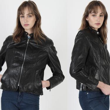 Vintage 70s Brooks Black Leather Jacket / Mens 1970s Cafe Racer Jacket / Side Zipper Motorcycle Biker Zip Up Coat / Removable Sherpa Lining 