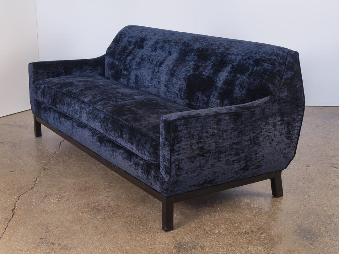 Lustrous MidCentury Modern Blue Velvet Sofa Open Air Modern (OAM