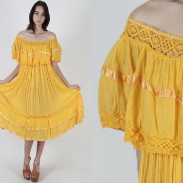 Mexican Angel Sleeve Yellow Gauze Dress / Thin Off Shoulder Fiesta Dress / Crochet Trim Dress / Quinceanera Party Festival Midi Dress 