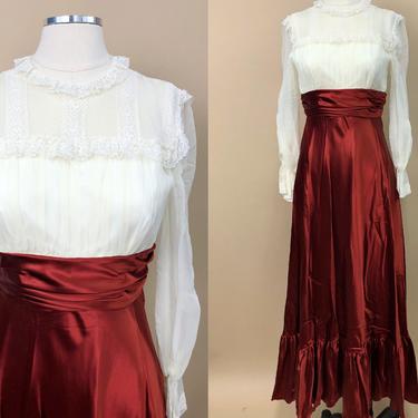 Vintage 1970s Lorrie Deb Chiffon & Satin Dress, Vintage Chiffon Gown, 70s Victorian Revival, Vintage Formal Wear, Size Small, Waist 26&quot; by Mo