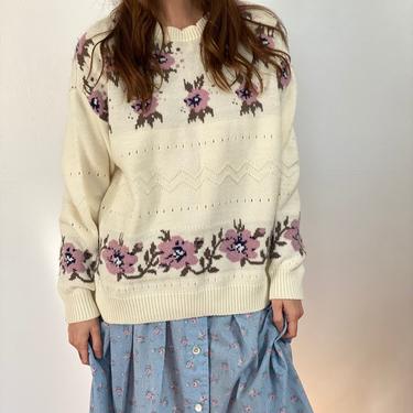 Vintage Sweater / Floral Knit Sweater / Pink Flower Knitwear / Slouchy Oversized Boxy Sweater / Cozy Hipster Sweater / Knit Top 