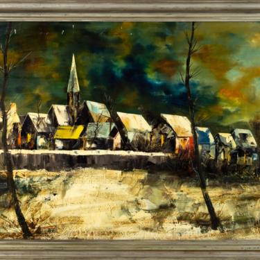 Mid Century Jacallo 'Architectural Landscape' Signed Oil on Canvas Painting - mcm 
