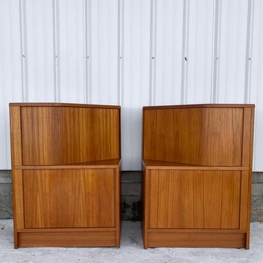 Pair Tall Teak Nightstands with Tambour Doors 