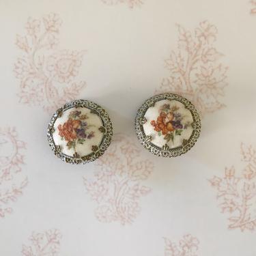 Round Cameo-Style Floral Clip-On Earrings - 1970s 