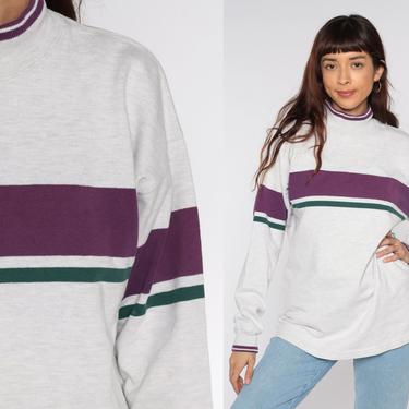 90s Striped Sweatshirt LL Bean Retro 80s Sweatshirt Color Block Grey Purple Green Mock Neck Sweatshirt Pullover Vintage Retro 1990s Medium M 