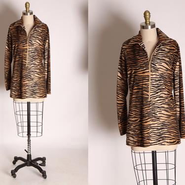 1970s Brown and Black Tiger Animal Print Long Sleeve Zip Up Blouse Shirt by Teddi of California -L 
