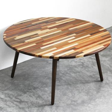 Large 34" Round Mixed Wood Coffee Table - Classic Mid Century Modern Eames Style Design Boho Wood Furniture 
