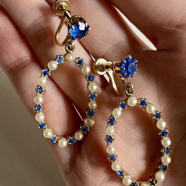 Delicate Pearl &amp; Blue Crystal Statement Hoop Earrings