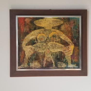 80's Avi Okun Surrealist Style Abstract Painting , Framed 