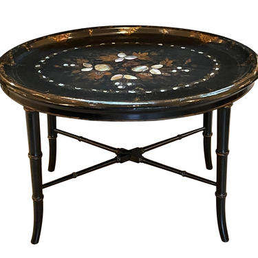 English Victorian Painted and Inlaid Oval Papier-mâché Tray-on-Stand