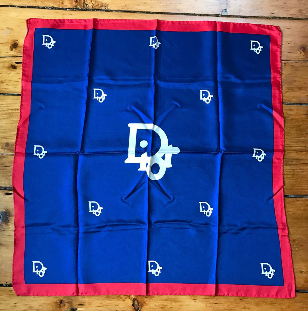 70s CHRISTIAN DIOR navy red white silk HUGE logo scarf Ritual Vintage