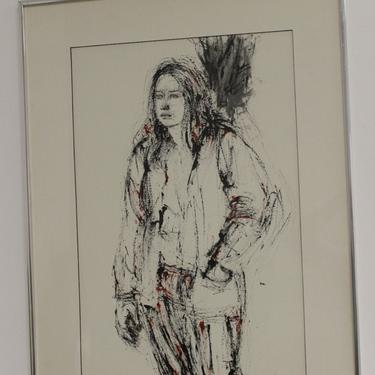 Mid Century Modern Sophie Fordon Drawing "Picture of Girl" Black Red 1971 