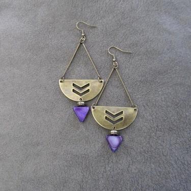 Antiqued bronze earrings, Mother of pearl earrings, long shell earrings, mid century modern, purple tribal statement earrings, ethnic 