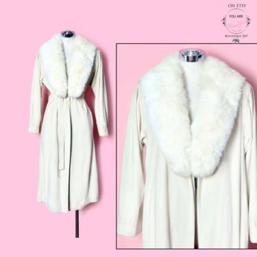 Vintage Coat White Fur Collar, Overcoat 1960's, 1970's Removable Fox Fur Collar Wrap Jacket, Ivory Suede Velvet 