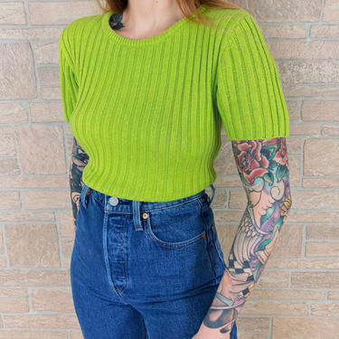 Minimalist 90's Lime Green Ribbed Knit Pullover Top 