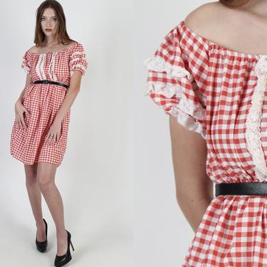 Vintage 70s Red Gingham Dress / Americana Picnic Saloon Dress / Country Waitress Square Dance Outdoors Floral Lace Mini Dress 
