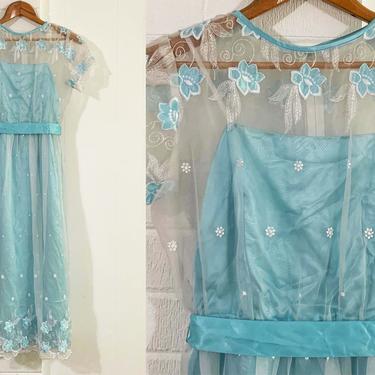 Vintage Baby Blue Prom Dress Pastel Sheer Embroidered Chiffon Overlay Lace Trim 1960s 50s Babydoll Twiggy Short Sleeve Shift Modern Size XXS 