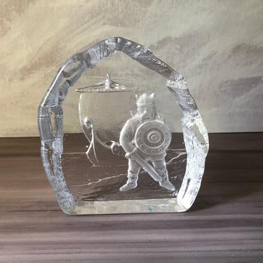 Vintage Nybro Sweden Art Glass Crystal Viking Ship Paperweight with Original Tags 