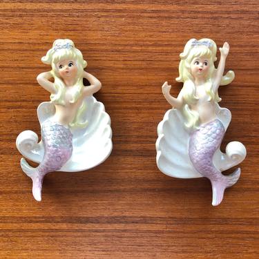 Mermaids Vintage Sister Girl Ceramic Wall Plaques - set of 2 pieces 