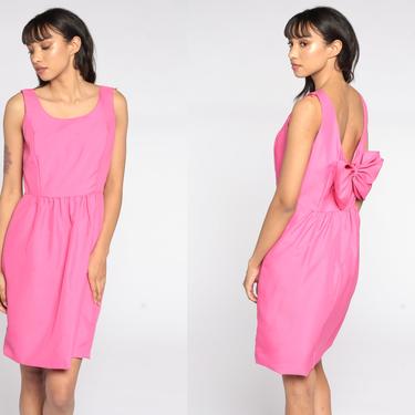 60s Mini Dress Cocktail Party Bright Pink BOW Prom 1960s Mod Empire Waist Sixties Vintage Formal Mad Men Small Medium 6 8 