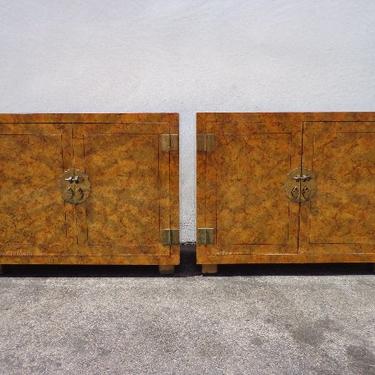 2 Vintage Cabinets Bachelor Chests Henredon Tortie Nightstands Storage Burl Style Chinoiserie Chippendale Brass Bohemian Console Tables 