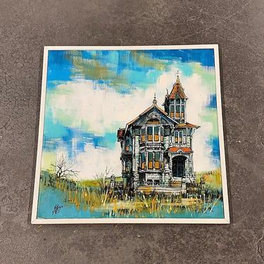 Vintage House Painting 1960s Retro Size 31x31 Mid Century Modern + Signed Miller + Victorian Home + Acrylic on Canvas + MCM Wall Decor 