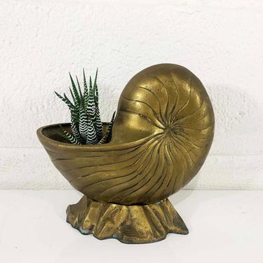 Vintage Solid Brass Nautilus Shell Planter Footed Seashell Beach