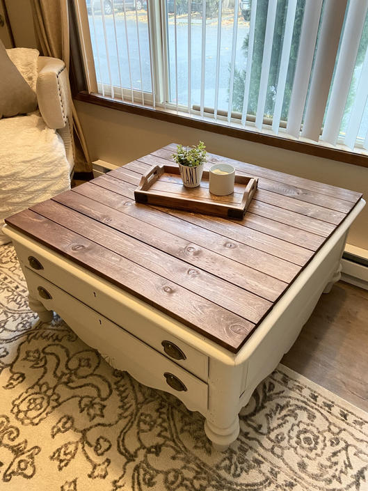 Custom Top Refinished Coffee Table On Legs With Planked Top 2 Drawers Off White Color By Relovedfurniturestor From Reloved Furniture Store Of Portand Or Attic