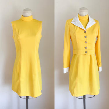 Vintage 1960s Yellow & White 2pc Dress set / S/M 