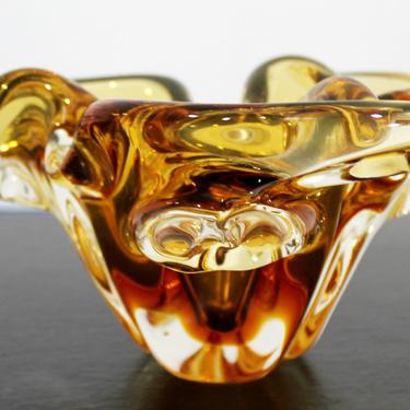 Mid Century Modern Murano Glass Dish Bowl Table Sculpture Italy Amber Orange 70s 