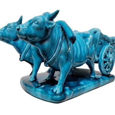 Turquoise Majolica Clement Massier Golfe Juan - Oxen Cart - French Majolica 