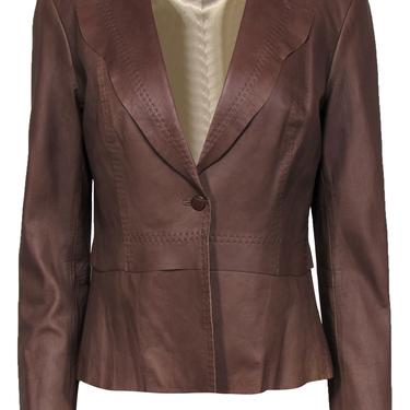 Elie Tahari - Brown Leather Buttoned Collared Jacket Sz M
