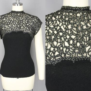 1940s Black & Silver Knit Top · Vintage 40s Openwork Scallop Edge Sweater · Small 