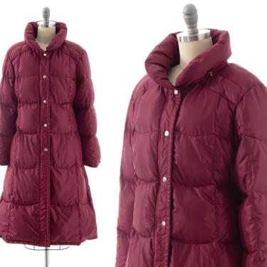 Vintage 1980s Puffer Coat | 80s Down Filled Quilted Purple Burgundy Full Length Long Winter Puffy Jacket (x-small/small) 