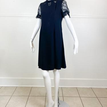 1950s Black Lace Detail Dress / Medium 